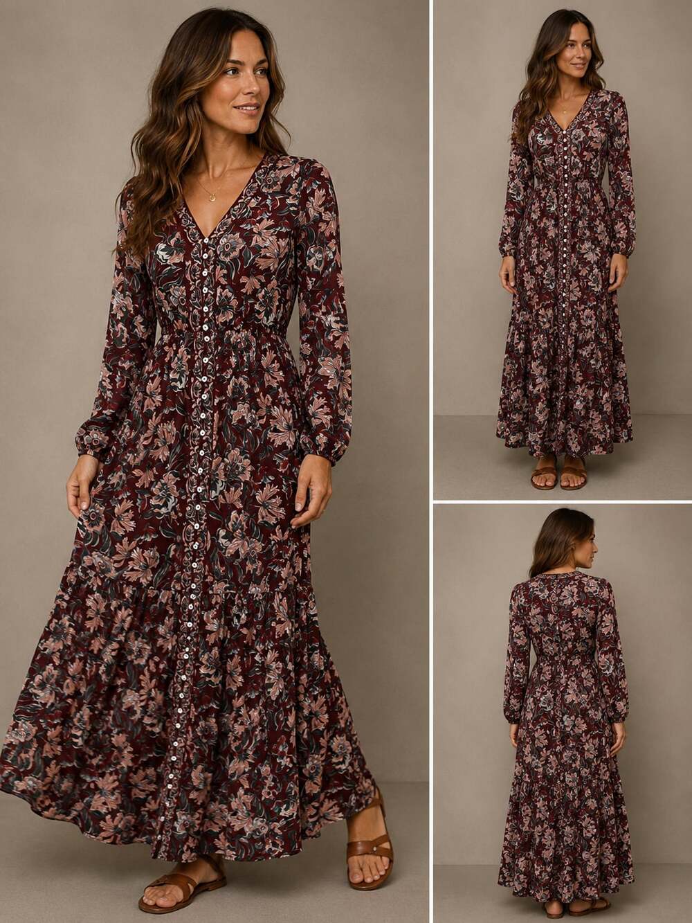 La Serein Floral Print Button-Down Long Sleeve Tiered Maxi Dress
M-81